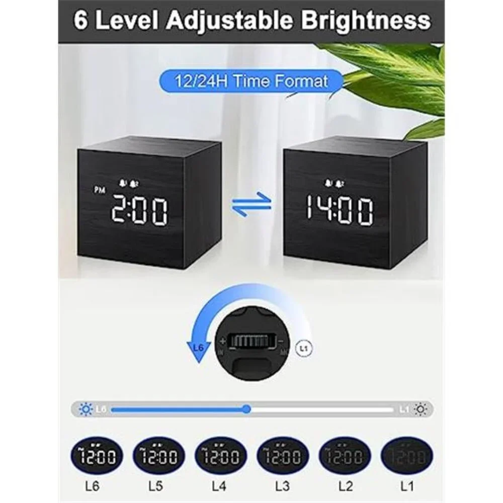 Digital Alarm Clock Wooden LED Display Dual Alarm Small Mini Bedside Clock Black
